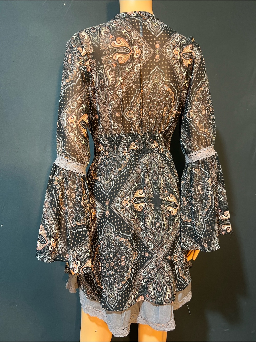 Free People Black and Blush Paisley V-Neck Mini Dress - Picture 3 of 8
